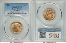 Victoria gold Sovereign 1884 MS63 PCGS, KM752, S-3856B. Bagmarks and some edge nicks define the grade, in all other respects an appealing Mint State o...