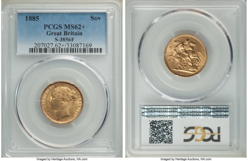 Victoria gold Sovereign 1885 MS62+ PCGS, KM752, S-3856F. Besides its being sligh...