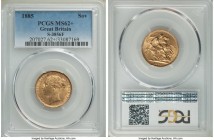 Victoria gold Sovereign 1885 MS62+ PCGS, KM752, S-3856F. Besides its being slightly shallowly struck and bearing some impact marks, an indisputably at...
