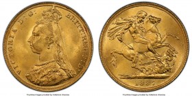Victoria gold "Jubilee Head" Sovereign 1887 MS65 PCGS, KM767, S-3866. Angled J. A glowing representative of this Jubilee Head type, defined by satiny ...