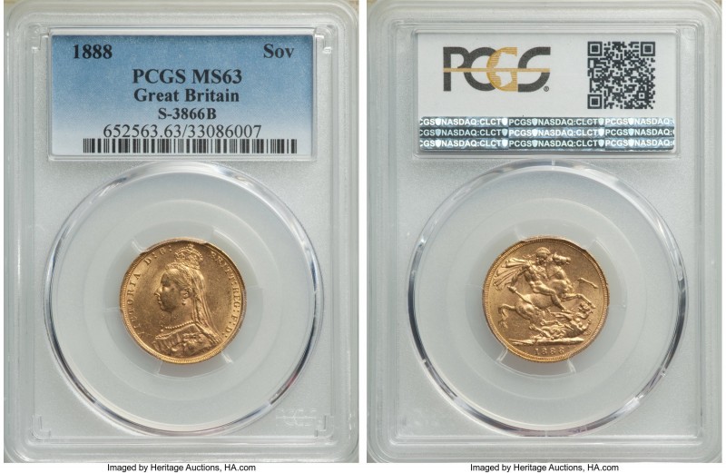 Victoria gold Sovereign 1888 MS63 PCGS, KM767, S-3866B. Quite clean fields, a ch...