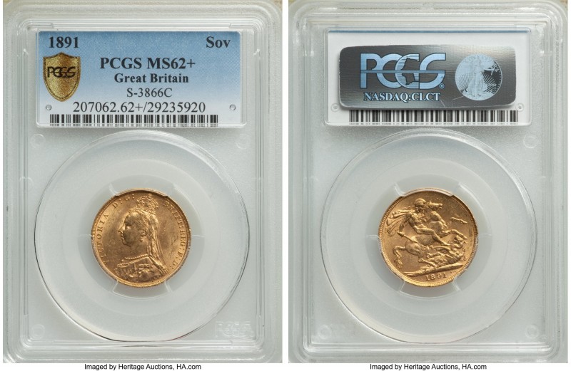 Victoria gold Sovereign 1891 MS62+ PCGS, KM767, S-3866C. Some rub to the high po...