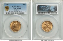 Victoria gold Sovereign 1892 MS62 PCGS, KM767, S-3866C. Some bagmarks in line with the grade, none of which significantly detract from the visual appe...