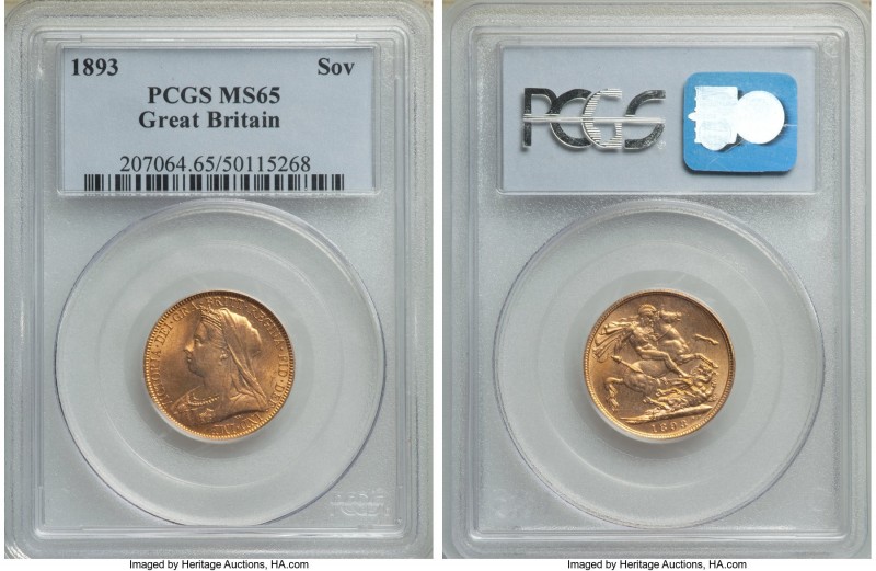 Victoria gold Sovereign 1893 MS65 PCGS, KM785, S-3874. Veiled head. With just on...