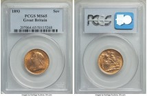 Victoria gold Sovereign 1893 MS65 PCGS, KM785, S-3874. Veiled head. With just one MS66 its technical superior, this outstanding gem sits near the pinn...