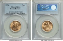 Victoria gold Sovereign 1894 MS62 PCGS, KM785, S-3874. A scarcer date, the planchet a pale copper-gold in color and retaining its full mint luster. Fr...