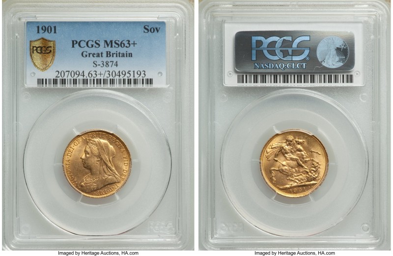 Victoria gold Sovereign 1901 MS63+ PCGS, KM785, S-3874. The single highest grade...