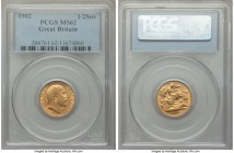 Edward VII gold 1/2 Sovereign 1902 MS62 PCGS, KM804. Gentle satin luster in the centers becoming more intense at the peripheries, the striking quality...