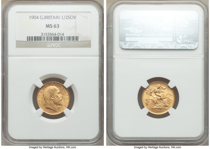 Edward VII gold 1/2 Sovereign 1904 MS63 NGC, KM804. Subdued luster yet with obvi...