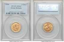 Edward VII gold 1/2 Sovereign 1904 MS63 PCGS, KM804. Toned to a uniform peach with sharp striking detail. From the Caranett Collection of Sovereigns -...