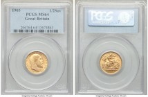 Edward VII gold 1/2 Sovereign 1905 MS64 PCGS, KM804. Sharp and scarcely handled, a coin which would not look out of place with a gem-level grade. From...