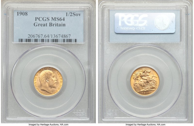 Edward VII gold 1/2 Sovereign 1908 MS64 PCGS, KM804. A little softly struck in a...