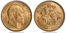 Edward VII gold Sovereign 1903 MS65 PCGS, KM805, S-3969. The single highest certified example of this year by NGC or PCGS; conditionally unique as suc...