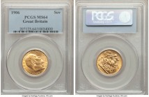 Edward VII gold Sovereign 1906 MS64 PCGS, KM805. Tied for finest seen by NGC or PCGS. Perfectly struck, its lack of handling allowing full appreciatio...