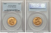 Edward VII gold Sovereign 1907 MS64 PCGS, KM805. Just one half a grade point below the finest in NGC's database, with none finer at PCGS. Unusually ch...