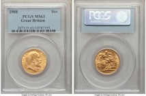 Edward VII gold Sovereign 1908 MS63 PCGS, KM805. Some inconsequential handling marks, the planchet delicately toned a pale honey. From the Caranett Co...