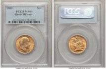 Edward VII gold Sovereign 1909 MS64 PCGS, KM805. In the top tier of quality for the type, with just one example certified as gem by NGC or PCGS. Flowi...