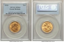 Edward VII gold Sovereign 1910 MS64 PCGS, KM805. Sun-yellow surfaces at the margins take on an orange peel coloration as they move inwards, the entire...