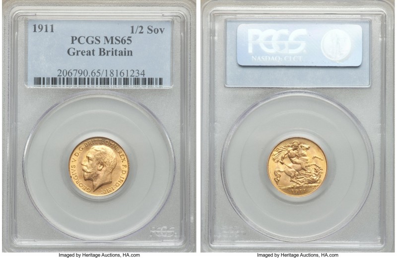 George V gold 1/2 Sovereign 1911 MS65 PCGS, KM819. Aglow with cartwheel luster, ...