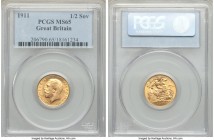 George V gold 1/2 Sovereign 1911 MS65 PCGS, KM819. Aglow with cartwheel luster, butter-yellow planchet turning rose gold in the recesses. From the Car...