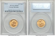 George V gold 1/2 Sovereign 1912 MS65 PCGS, KM819. Highly lustrous with the unblemished surfaces one would expect from a gem grade. Unusual in this lo...