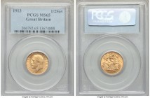 George V gold 1/2 Sovereign 1913 MS65 PCGS, KM819. Besides a light flattening to the high points of the reverse design (in line with a slightly soft s...