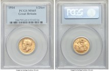 George V gold 1/2 Sovereign 1914 MS65 PCGS, KM819. Some striking softness to the reverse design, yet George's portrait boasts contrastingly sharp deta...