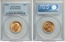 George V gold Sovereign 1911 MS65 PCGS, KM820. Tied for highest graded by PCGS, with just one its superior in NGC's database. From the Caranett Collec...
