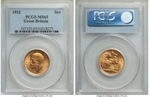 George V gold Sovereign 1912 MS65 PCGS, KM820. Tied for finest graded in PCGS's database, with just one its technical superior at NGC. However, inspec...