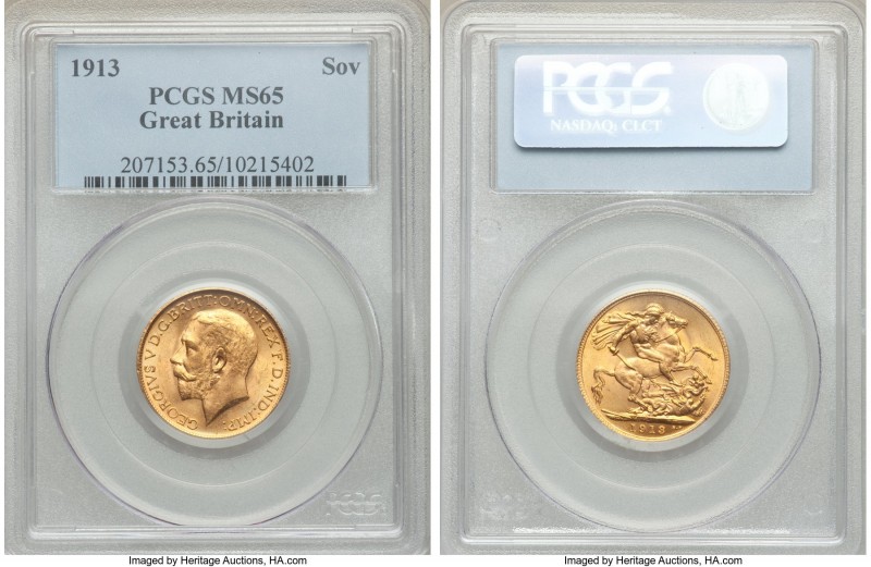 George V gold Sovereign 1913 MS65 PCGS, KM820. One grade level from the highest ...