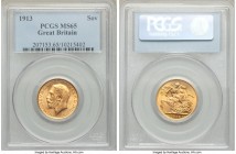George V gold Sovereign 1913 MS65 PCGS, KM820. One grade level from the highest at NGC or PCGS, a lustrous gem. From the Caranett Collection of Sovere...