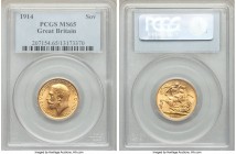 George V gold Sovereign 1914 MS65 PCGS, KM820. Deep peach tone grace the centers of this scintillating offering, fully aglow with cartwheel luster. A ...