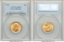 George V gold Sovereign 1915 MS65 PCGS, KM820. The fields pleasantly textured through parallel surface striations, a lustrous gem with sharper-than av...