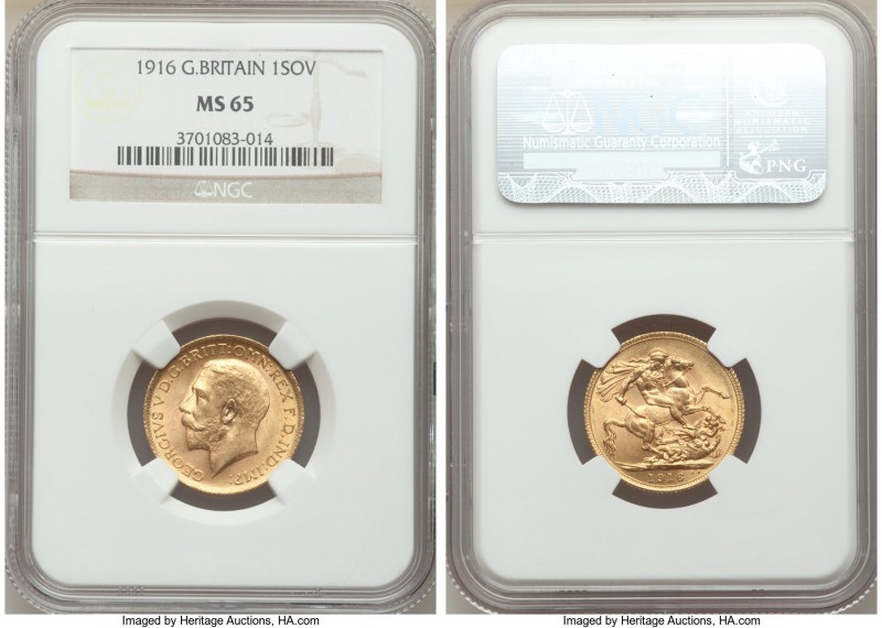 George V gold Sovereign 1916 MS65 NGC, KM820. The highest grade level for this m...