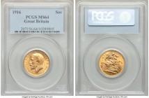 George V gold Sovereign 1916 MS64 PCGS, KM820. Aglow with satiny luster, a near-gem example of one of the final-date British Sovereigns. From the Cara...