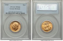 George V gold Sovereign 1925 MS66 PCGS, KM820. An outstanding specimen, its fields level and shimmering with perfect cartwheel luster; close magnifica...