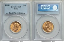 British India. George V gold Sovereign 1918-I MS65 PCGS, Mumbai mint, KM-A525. Eye-catching for its sleek surfaces aglow with satin luster, a popular ...