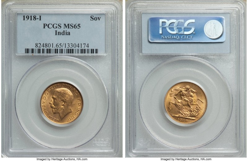 British India. George V gold Sovereign 1918-I MS65 PCGS, Mumbai mint, KM-A525. A...