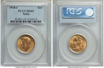 British India. George V gold Sovereign 1918-I MS65 PCGS, Mumbai mint, KM-A525. A popular one-year type offered here in gem grade preservation, scarcel...