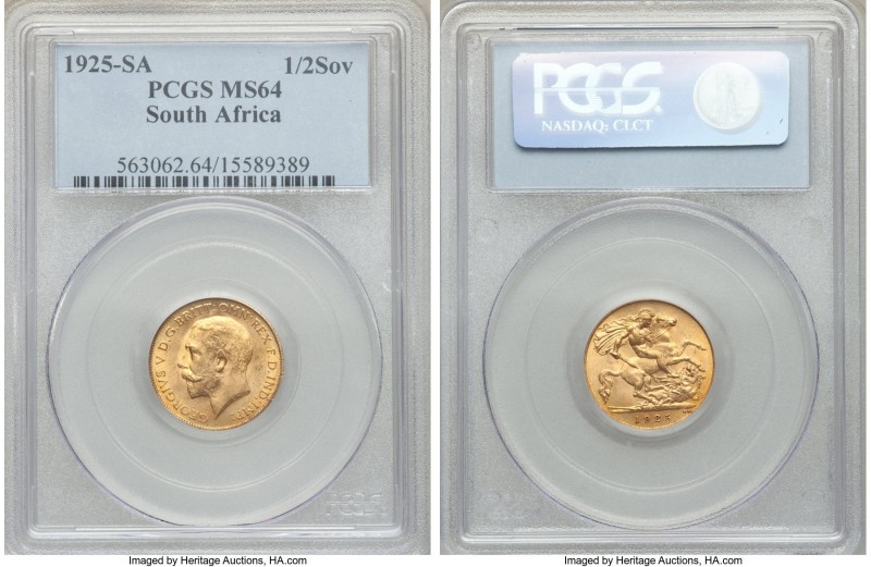 George V gold 1/2 Sovereign 1925-SA MS64 PCGS, Pretoria mint, KM20. Eye-catching...