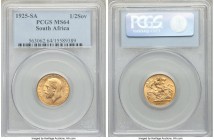 George V gold 1/2 Sovereign 1925-SA MS64 PCGS, Pretoria mint, KM20. Eye-catching aged gold color with dancing cartwheel luster. From the Caranett Coll...