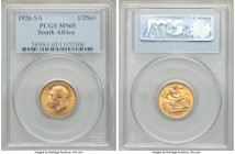 George V gold 1/2 Sovereign 1926-SA MS65 PCGS, Pretoria mint, KM20. With just one specimen its technical superior at either NGC or PCGS, this stunning...