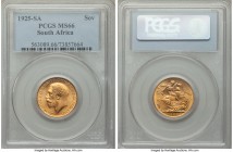 George V gold Sovereign 1925-SA MS66 PCGS, Pretoria mint, KM21. The top grade tier for this type at NGC and PCGS, an exceptional premium gem with imma...