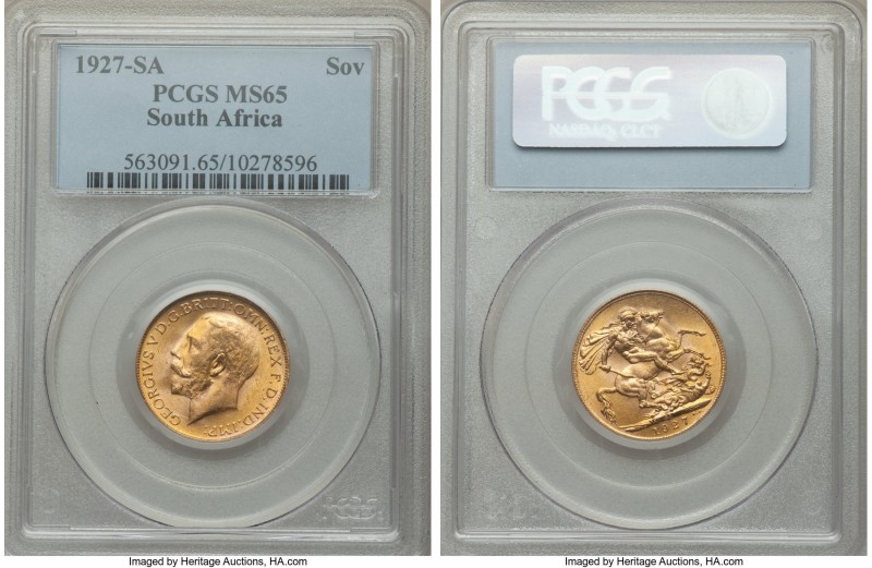 George V gold Sovereign 1927-SA MS65 PCGS, Pretoria mint, KM21. Surfaces colored...