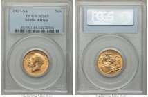George V gold Sovereign 1927-SA MS65 PCGS, Pretoria mint, KM21. Surfaces colored an enticing blend of rose gold and honey-yellow, a sharp and appealin...