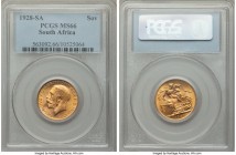 George V gold Sovereign 1928-SA MS66 PCGS, Pretoria mint, KM21. An essentially immaculate premium gem, produced and preserved to an exceptional standa...