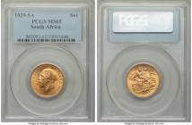 George V gold Sovereign 1929-SA MS65 PCGS, Pretoria mint, KM-A22. Tied for highest graded, a gorgeous Sovereign with full and original cartwheel luste...