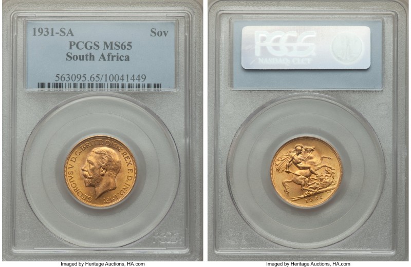 George V gold Sovereign 1931-SA MS65 PCGS, Pretoria mint, KM-A22. An appealing g...