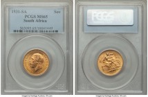 George V gold Sovereign 1931-SA MS65 PCGS, Pretoria mint, KM-A22. An appealing gem with pleasant diagonal die striations providing a textural contrast...