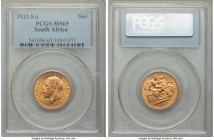 George V gold Sovereign 1932-SA MS65 PCGS, Pretoria mint, KM-A22. The final Sovereign struck in South Africa. Clearly produced to a high standard, amb...